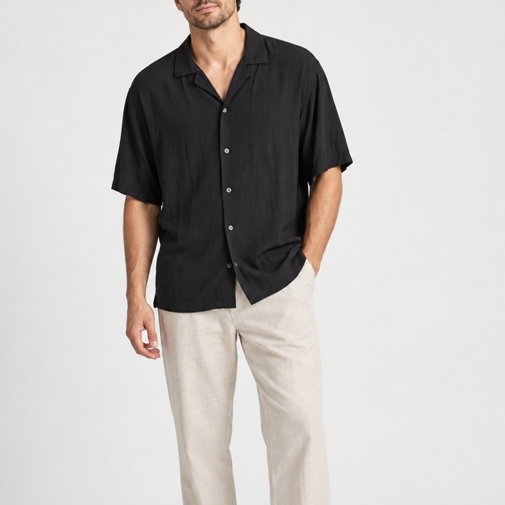 AllSaints Mens Camp Collar Shirt XXL Black Viscose Relaxed Short Sleeve